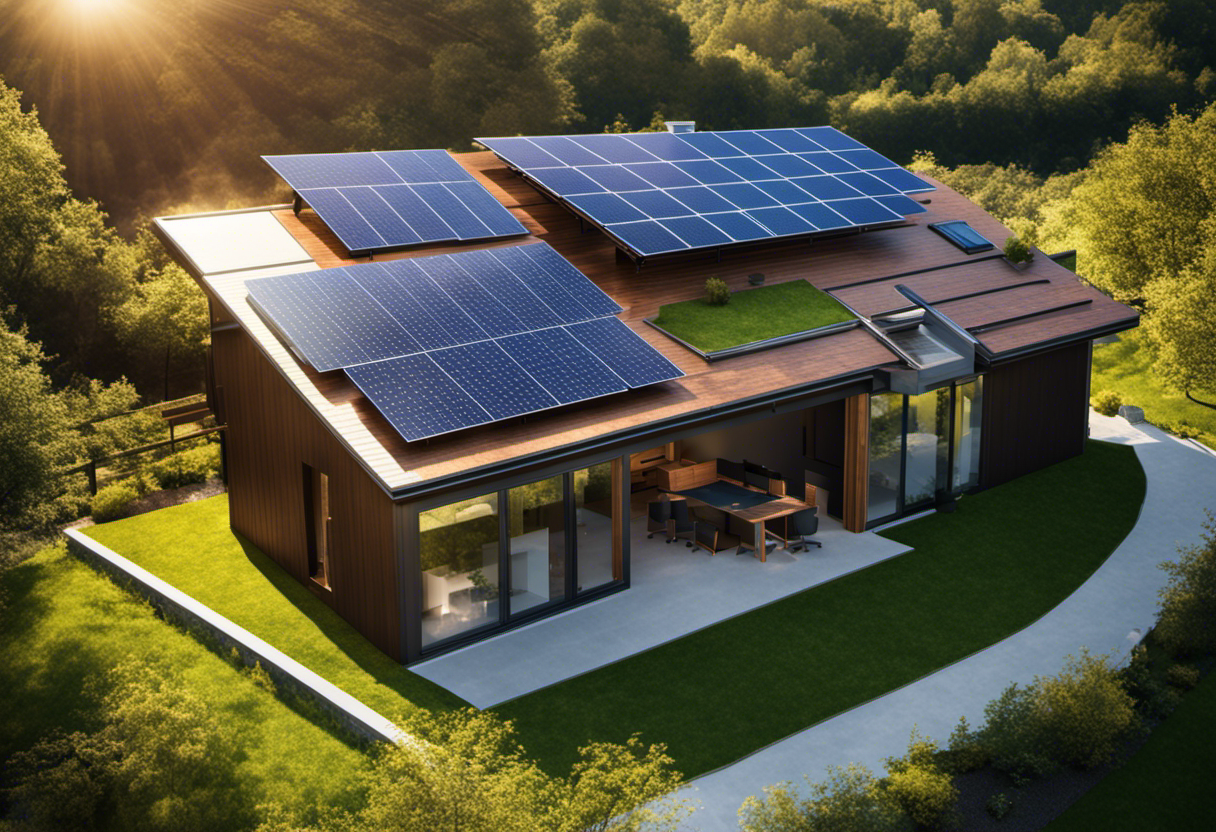 An image showcasing a modern, eco-friendly home equipped with solar panels on the rooftop, connected to a solar battery storage system