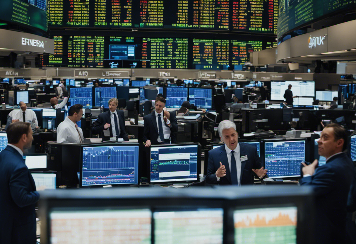 An image showcasing the bustling trading floor of a stock exchange, with traders in suits gesturing and pointing towards digital screens displaying stock prices of solar energy companies