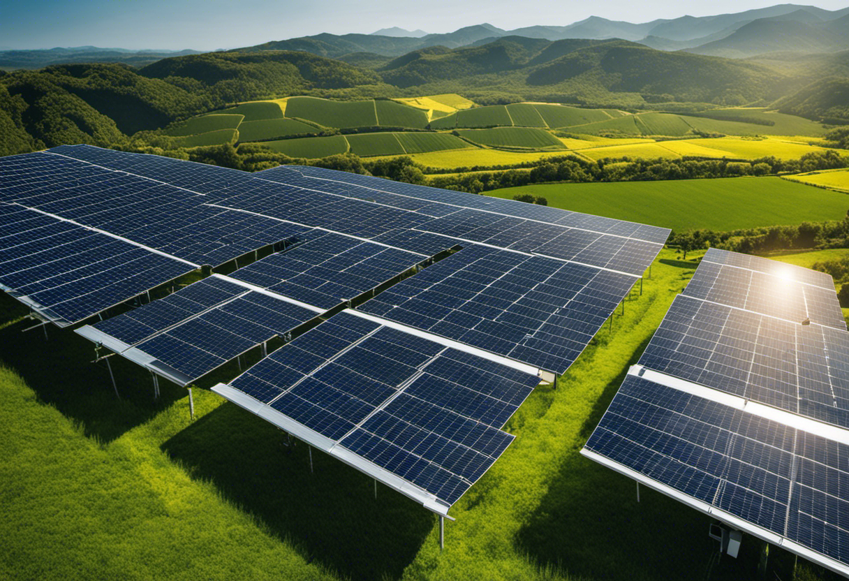 An image showcasing the beauty of solar panels glistening under a clear blue sky, surrounded by lush green fields and a serene landscape, emphasizing the definition and significance of solar energy as a renewable source
