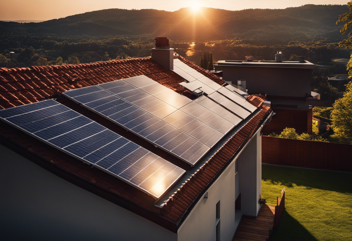 An image showcasing the installation of solar panels on a residential rooftop, with the sun shining brightly, casting a warm glow over the house and surrounding environment