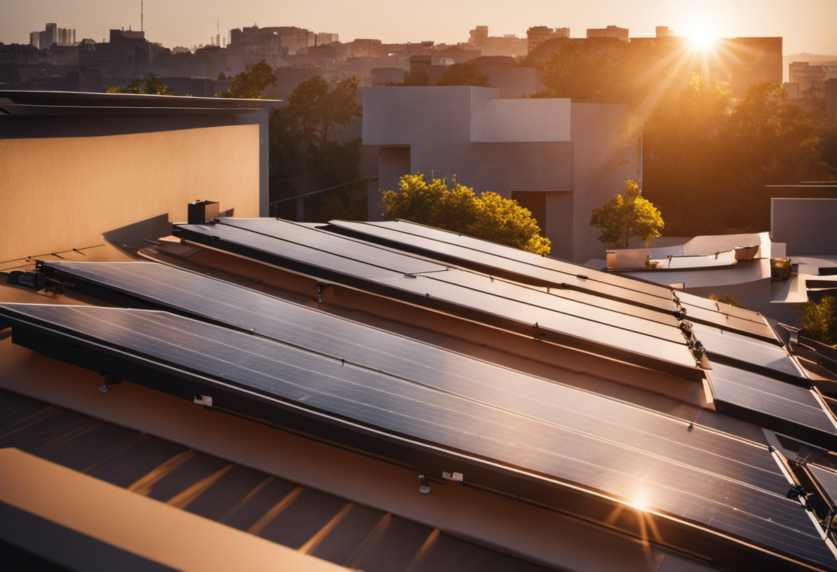 An image showcasing a modern residential rooftop adorned with sleek solar panels, basking in the golden sunlight