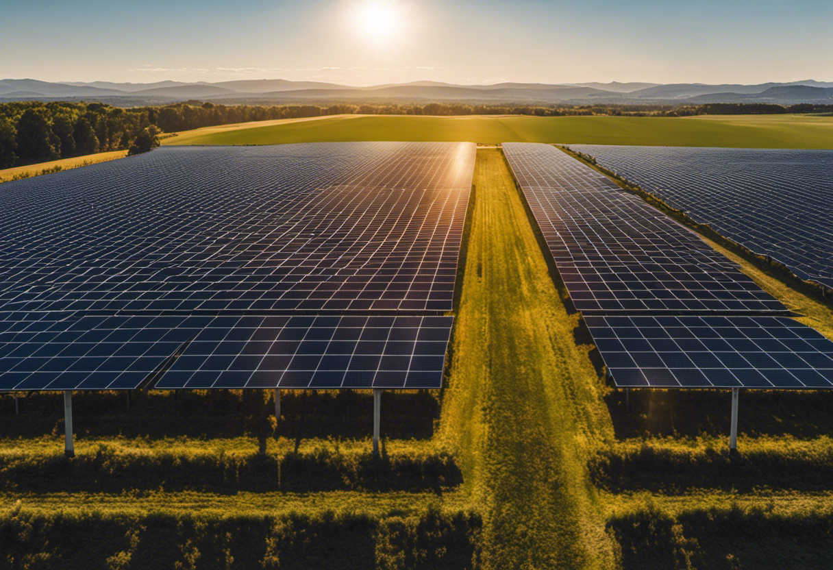 the breathtaking beauty of solar energy through a mesmerizing image: a panoramic view of a sunlit solar panel farm, with rows of glistening panels stretching towards the horizon, harmoniously blending into the serene landscape