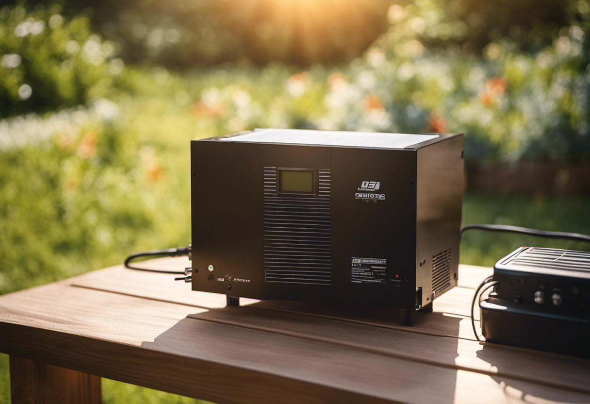An image showcasing a solar energy inverter, surrounded by sunlight