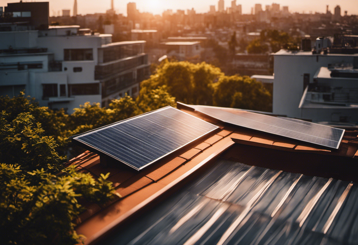 An image showcasing a sun-kissed rooftop adorned with a state-of-the-art solar panel kit, radiating a warm and eco-friendly glow