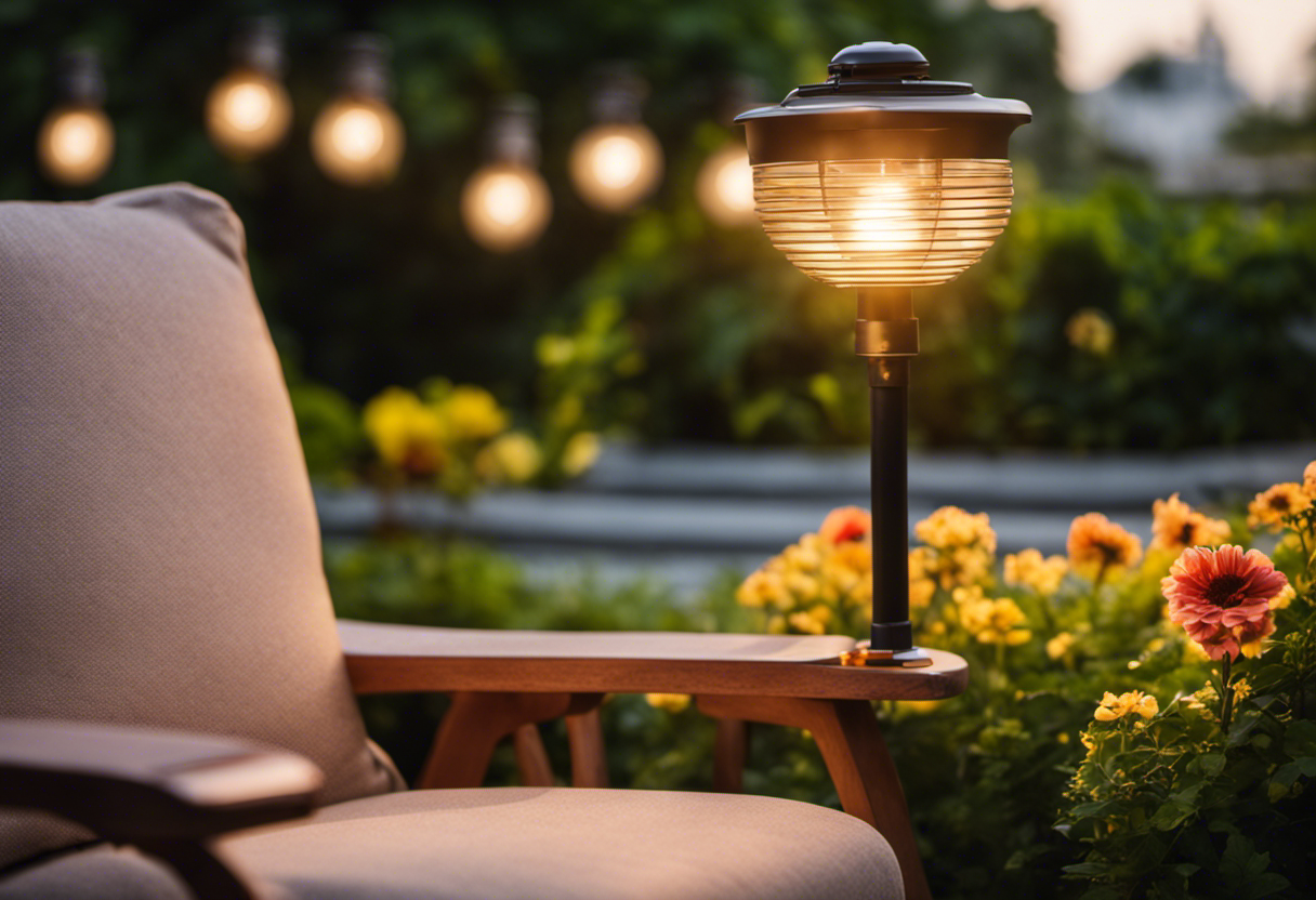 An image showcasing a solar-powered lamp illuminating a serene outdoor space, casting a warm glow on a cozy seating area, surrounded by lush greenery and blooming flowers