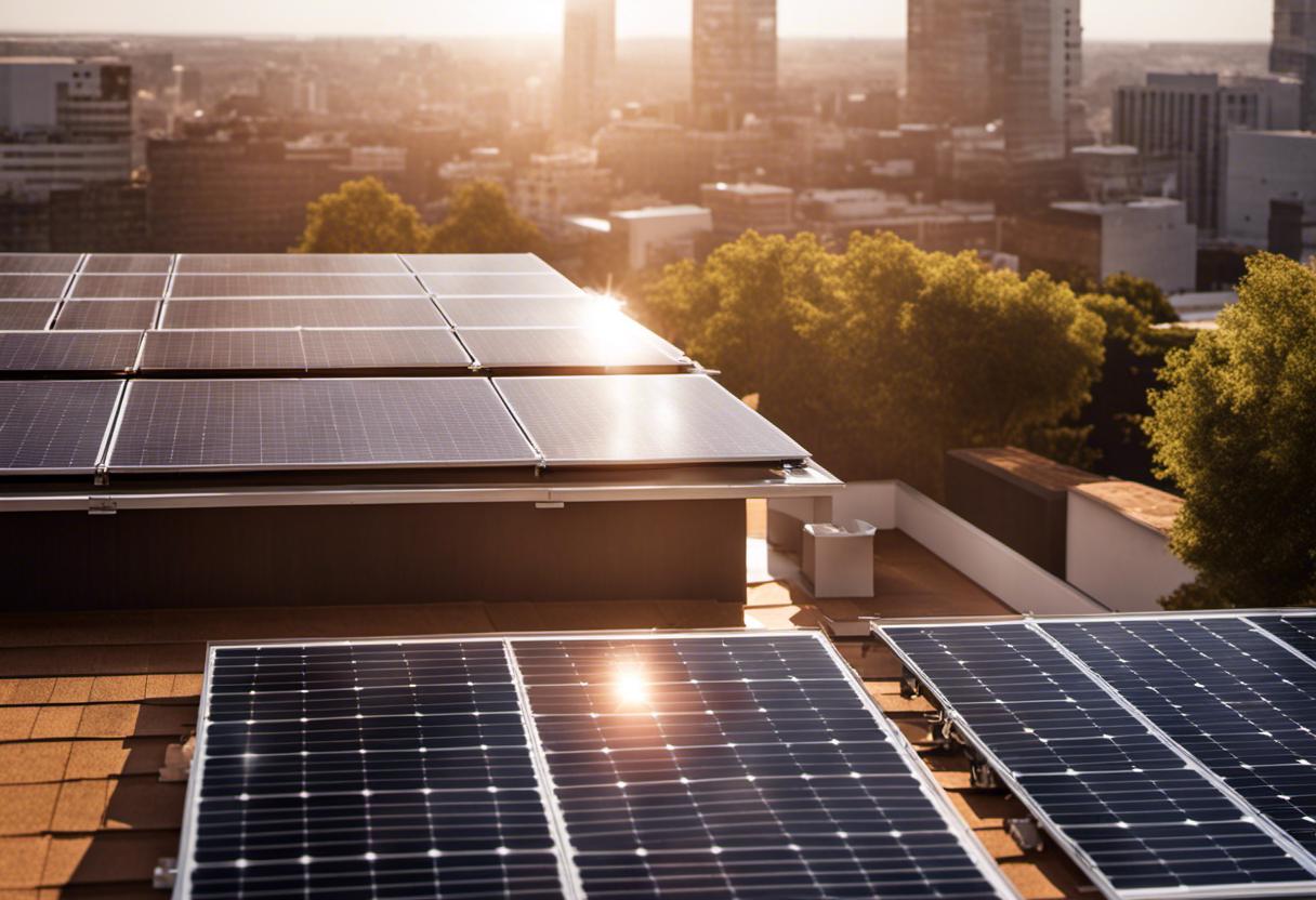 An image showcasing a sleek solar panel installation on a modern rooftop, with vibrant sunlight illuminating the panels and casting a shadow of clean energy, perfectly capturing the essence of sustainable technology