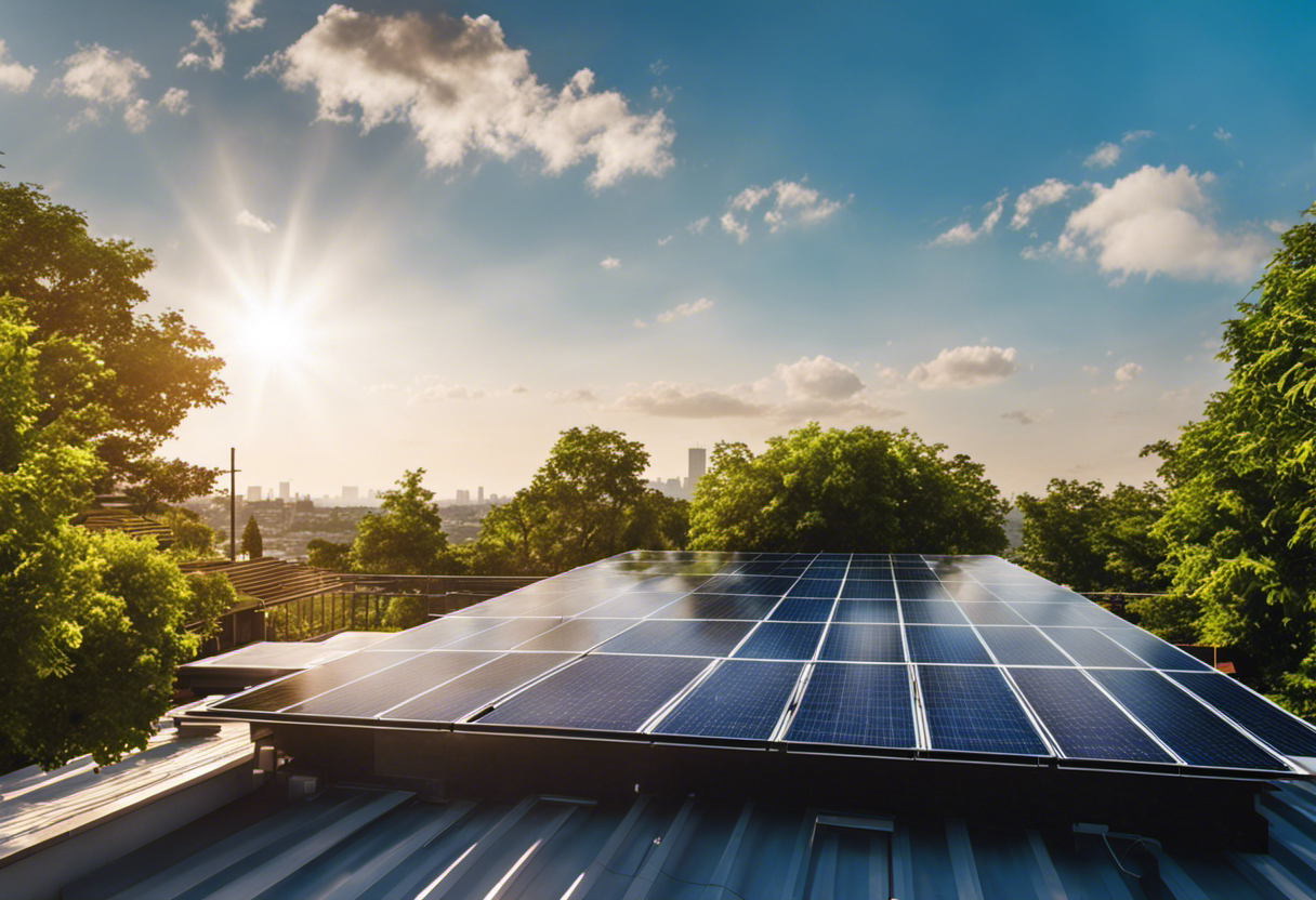An image showcasing the positive aspects of solar energy: a vibrant sun radiating powerful rays onto a modern residential rooftop adorned with solar panels, surrounded by lush greenery and a clear blue sky