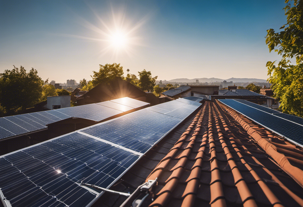 An image showcasing a serene rooftop solar panel installation, basking in the warm glow of sunlight, with a clear blue sky as the backdrop