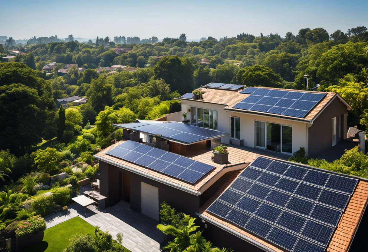 An image featuring a residential rooftop covered in solar panels, surrounded by a lush green garden