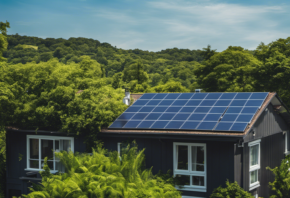 An image showcasing the economic benefits of solar energy, featuring a solar panel installation on a residential rooftop, surrounded by lush greenery and a clear blue sky